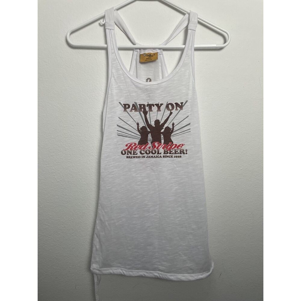 Womens Medium White Red Stripe Jamaican Beer Party On Tank Top Swimsuit Coverup